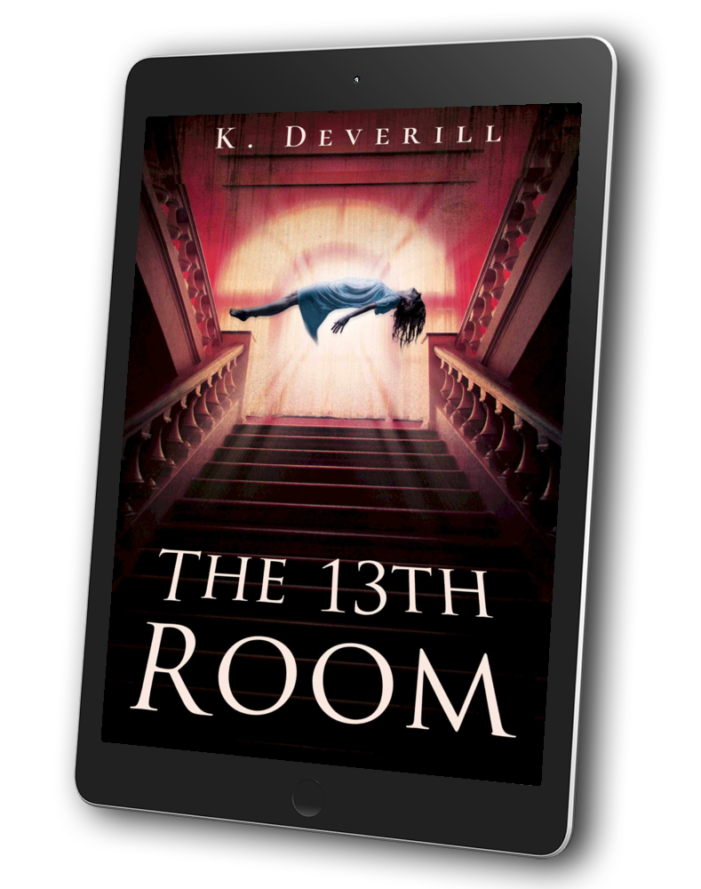 An eReader with a book cover. A woman hovers over a grand staircase in The 13th Room by Katrina Deverill